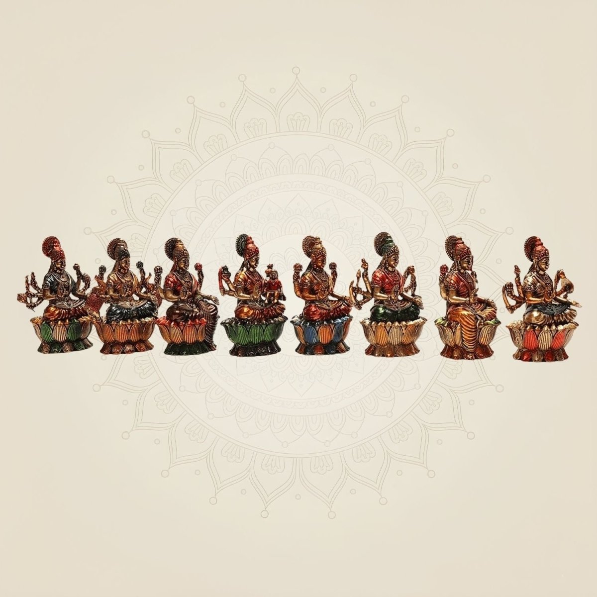 Brass Ashtalakshmi Idol Set – 8 Goddess Statues with Lotus Base 3" Each - Luxeartisanship