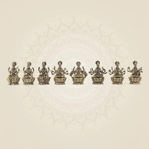 Brass Ashtalakshmi Idol Set – 8 Goddess Statues with Lotus Base 3" Each