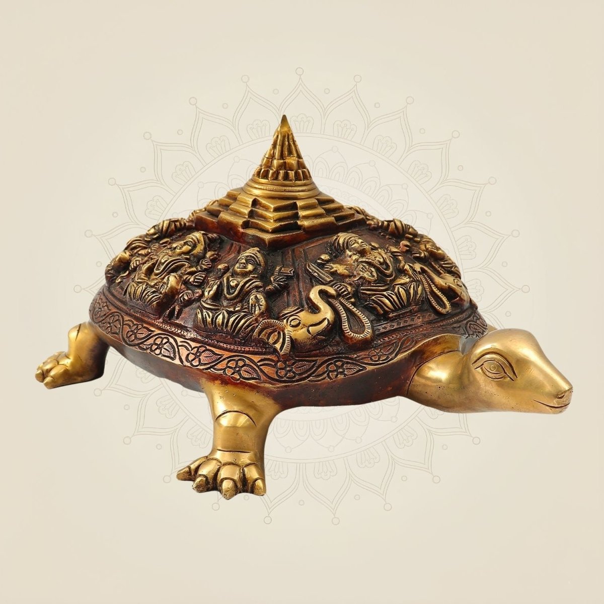 Brass Ashtalakshmi Shree Yantra on Tortoise Figurine 5.75" – Unique Vastu Home Décor - Luxeartisanship