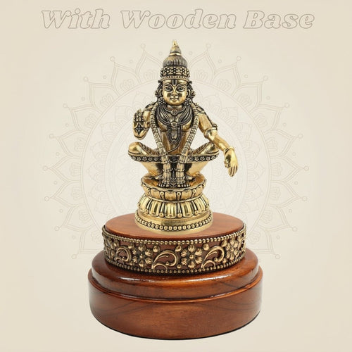 Brass Ayyappa Swami Idol 6" on a Round Wooden Base Display