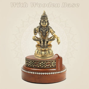Brass Ayyappa Swami Idol 6" on a Round Wooden Base Display - Luxeartisanship
