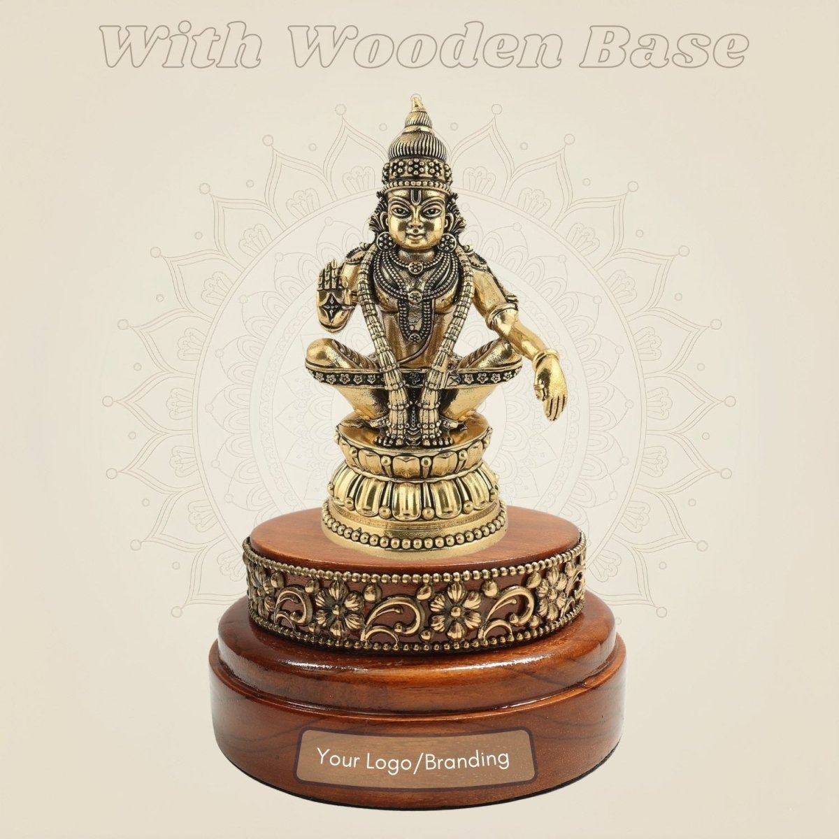 Brass Ayyappa Swami Idol 6" on a Round Wooden Base Display - Luxeartisanship