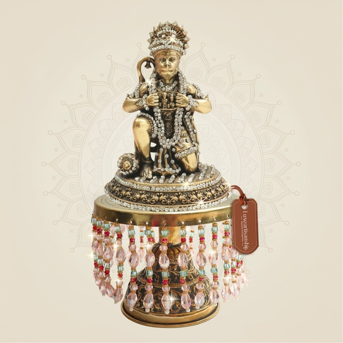 Brass Bajrangbali Idol on Chowki 9" in Kneeling Pose with Stone Work - Luxeartisanship