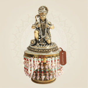Brass Bajrangbali Idol on Chowki 9" in Kneeling Pose with Stone Work - Luxeartisanship