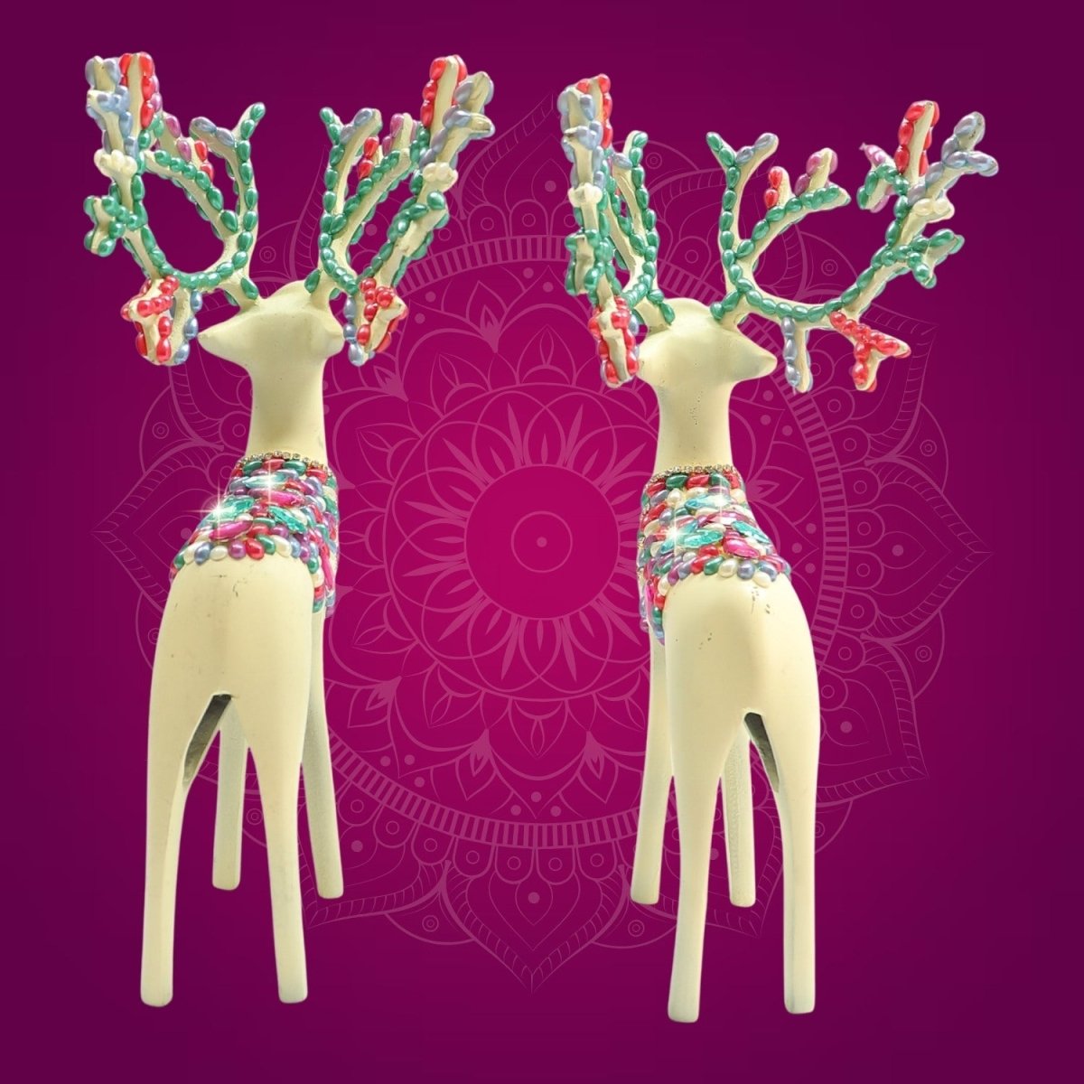 Brass Barasingha Deer Pair Figurine with Sparkling Jewellery Stones - Luxeartisanship