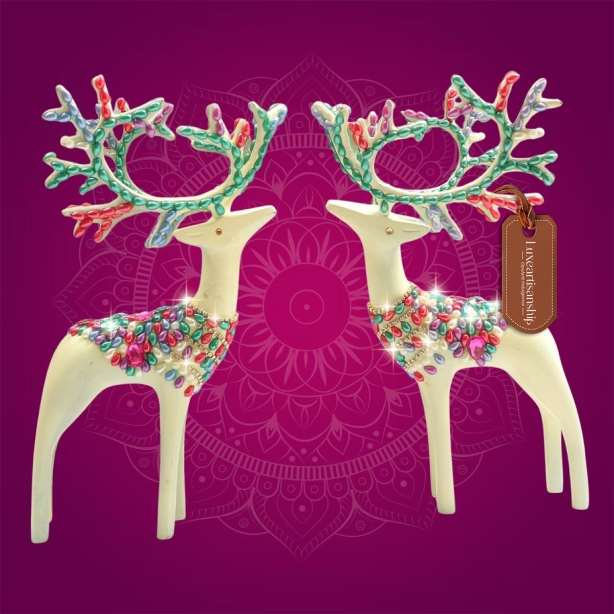 Brass Barasingha Deer Pair Figurine with Sparkling Jewellery Stones - Luxeartisanship