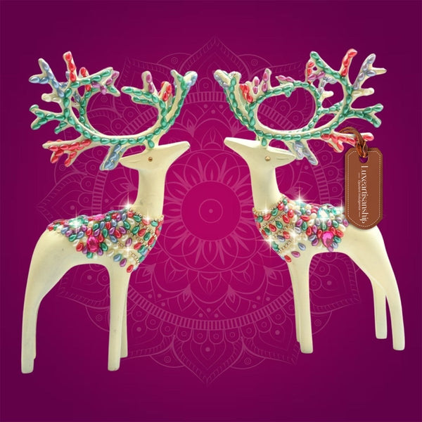 Brass Barasingha Deer Pair Figurine with Sparkling Jewellery Stones