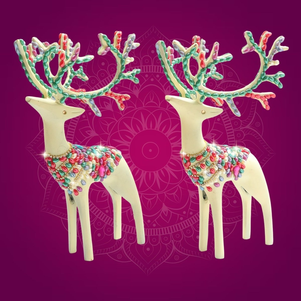 Brass Barasingha Deer Pair Figurine with Sparkling Jewellery Stones - Luxeartisanship