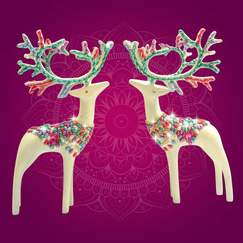Brass Barasingha Deer Pair Figurine with Sparkling Jewellery Stones