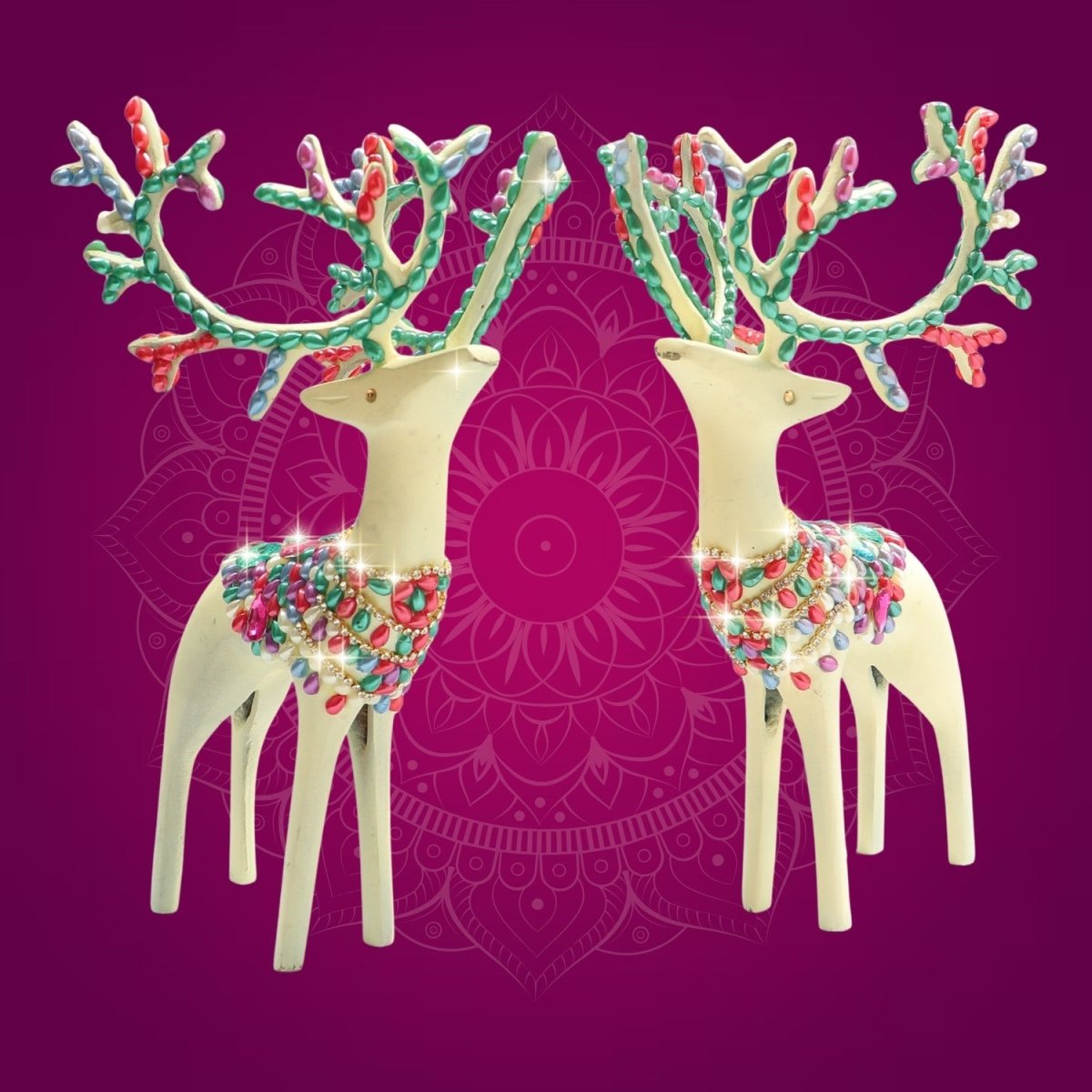 Brass Barasingha Deer Pair Figurine with Sparkling Jewellery Stones - Luxeartisanship