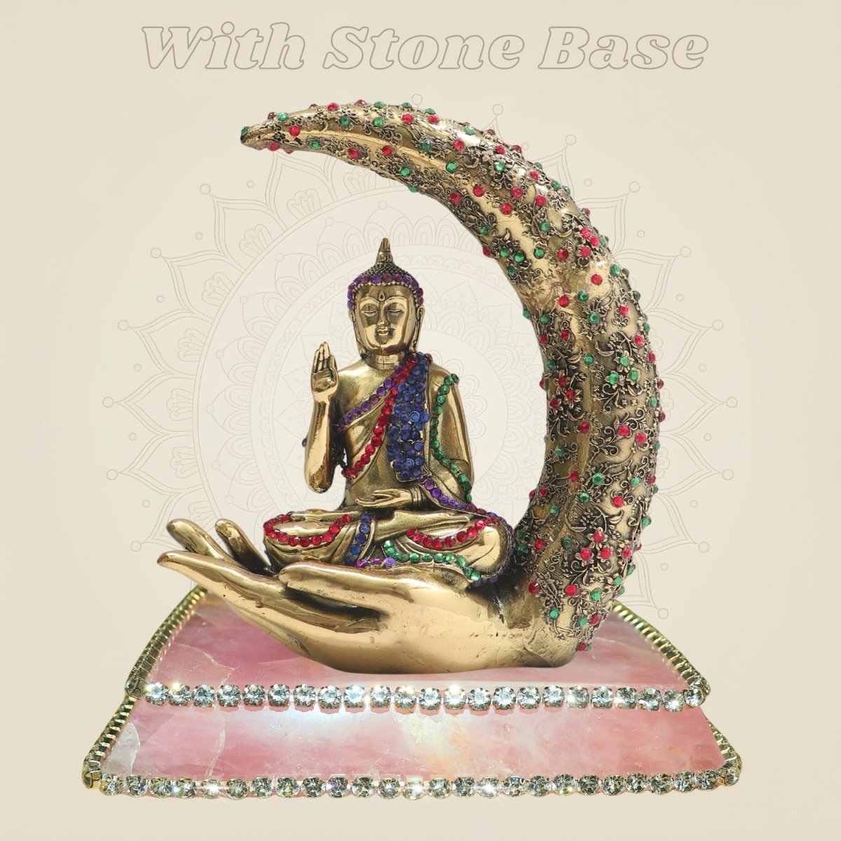 Brass Buddha Statue Seated on Crescent Hand 6.25" with Rich Stone Work - Luxeartisanship