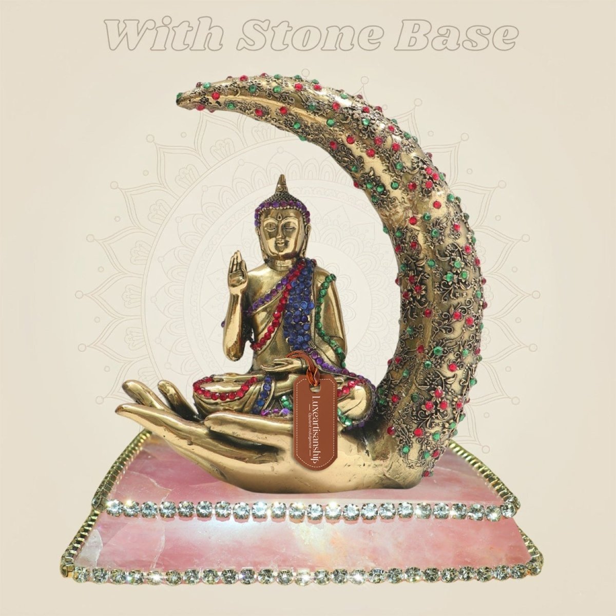 Brass Buddha Statue Seated on Crescent Hand 6.25" with Rich Stone Work - Luxeartisanship