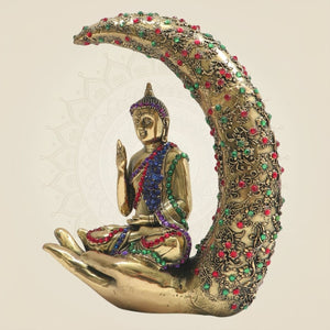 Brass Buddha Statue Seated on Crescent Hand 6.25" with Rich Stone Work - Luxeartisanship