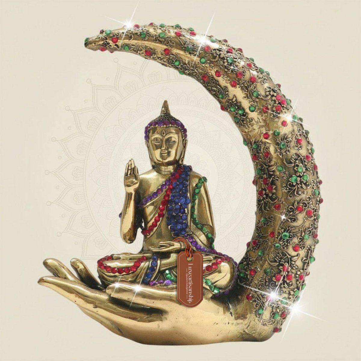 Buddha Statue Seated on Crescent Hand with Rich Stone Work