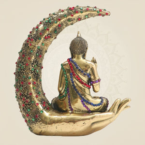 Brass Buddha Statue Seated on Crescent Hand 6.25" with Rich Stone Work - Luxeartisanship