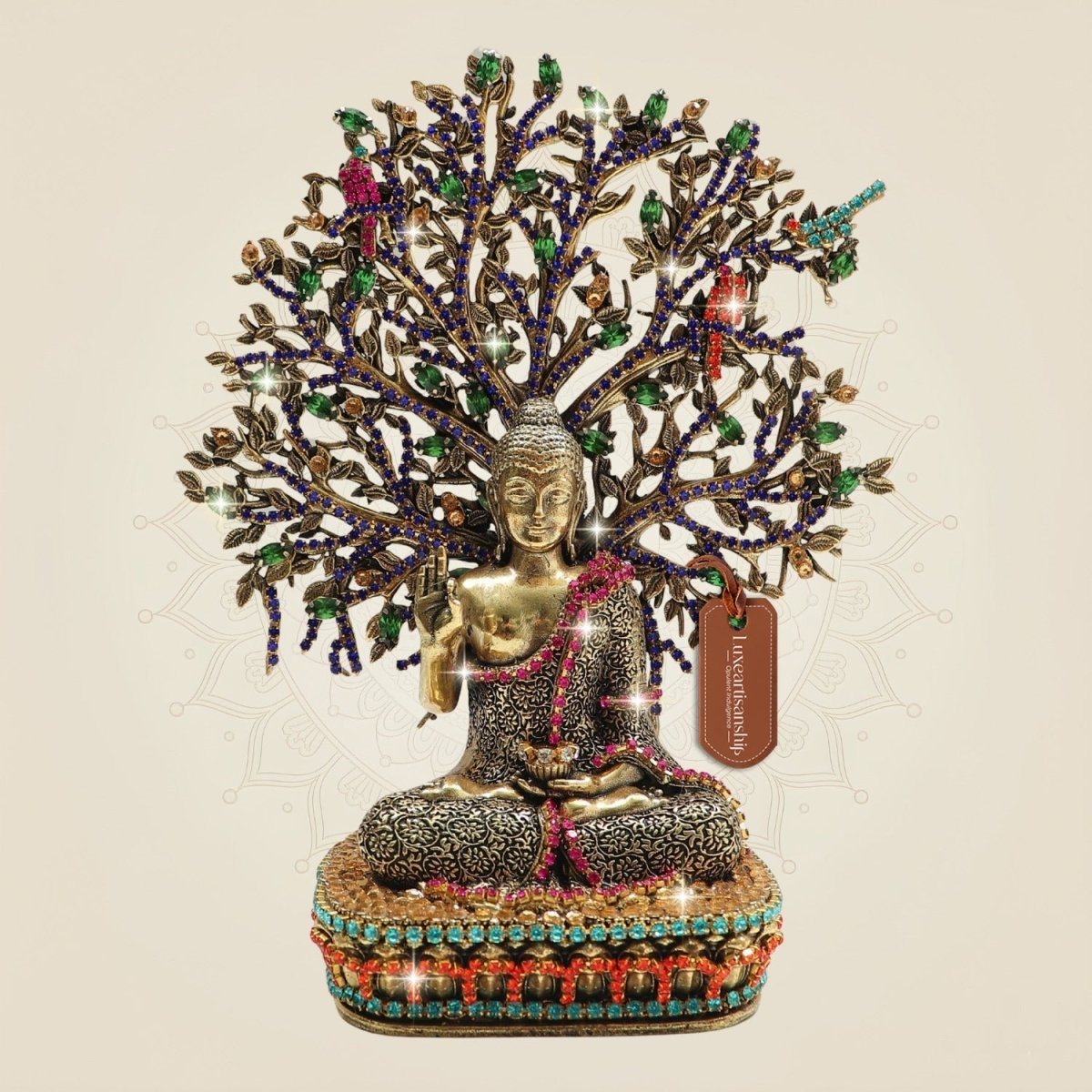 Brass Buddha Statue Under Bodhi Tree 6.5" with Fine Jewellery Stone Work - Luxeartisanship