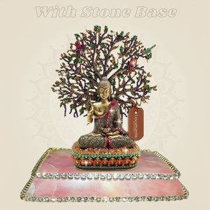 Brass Buddha Statue Under Bodhi Tree 6.5" with Fine Jewellery Stone Work - Luxeartisanship