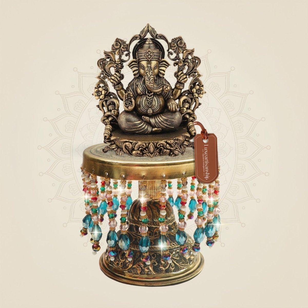 Brass Chaturbhuj Ganesha Darbaar Murti with Chowki – Brass Statue 7.25" - Luxeartisanship