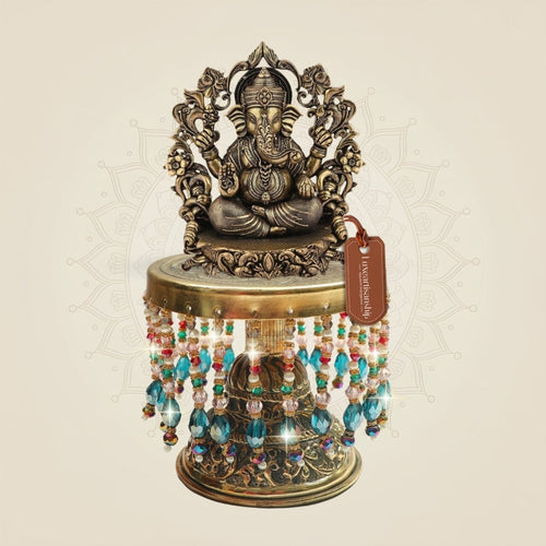 Brass Chaturbhuj Ganesha Darbaar Murti with Chowki – Brass Statue 7.25"