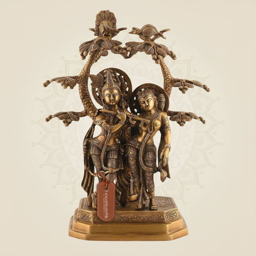 Brass Divine Radha Krishna Under Tree Idol – 16" Handcrafted Murti for Temple & Decor