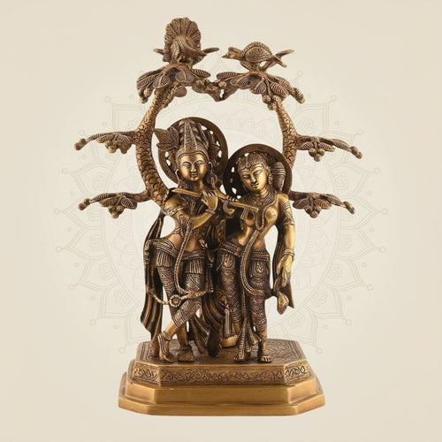 Brass Divine Radha Krishna Under Tree Idol – 16" Handcrafted Murti for Temple & Decor