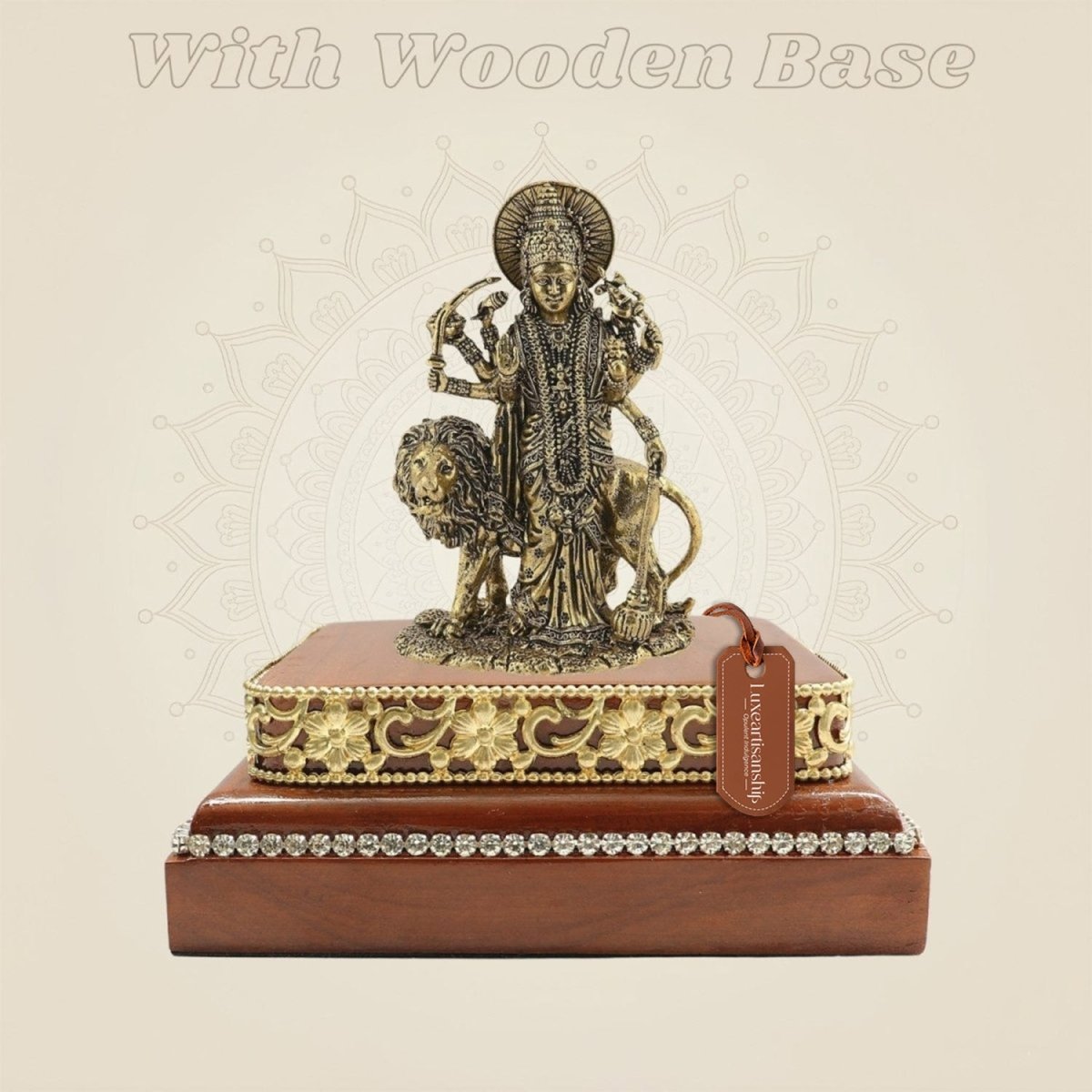 Brass Goddess Durga Murti on Wooden Base for Home Temple