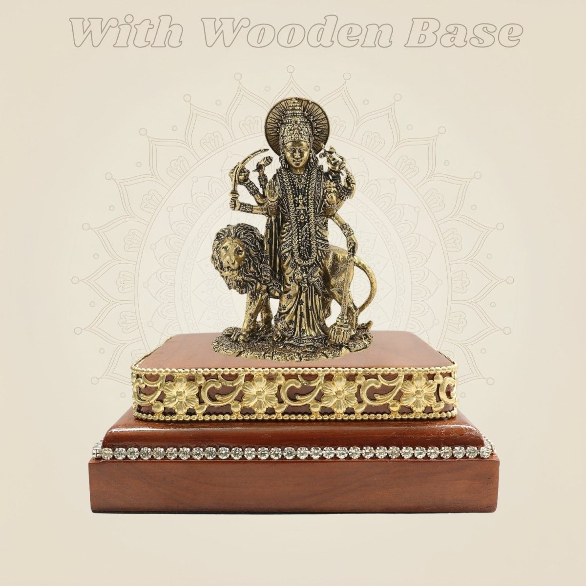 Brass Durga Statue on Wooden Base