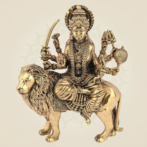 Brass Durga Mata Idol 5" - Lightweight Handcrafted Murti with Lion Base