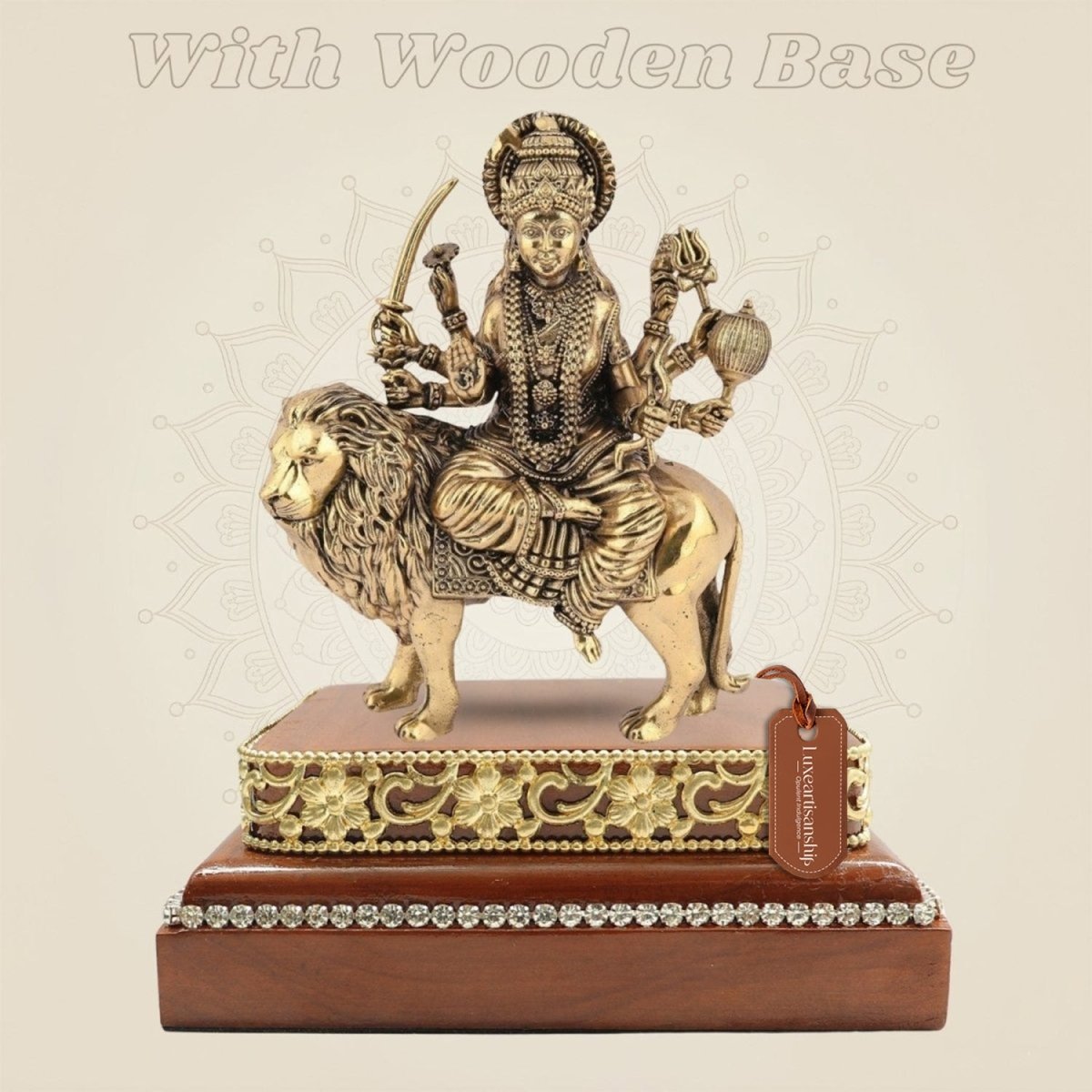Brass Durga Idol Riding the Lion 6″ with Square Wood Platform - Luxeartisanship