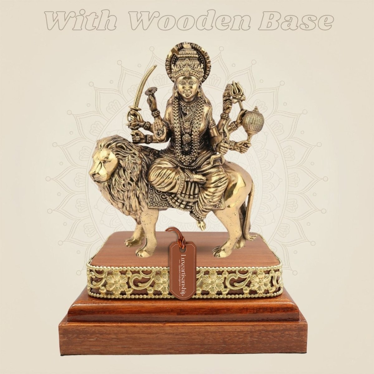 Brass Durga Idol Riding the Lion 6″ with Square Wood Platform - Luxeartisanship