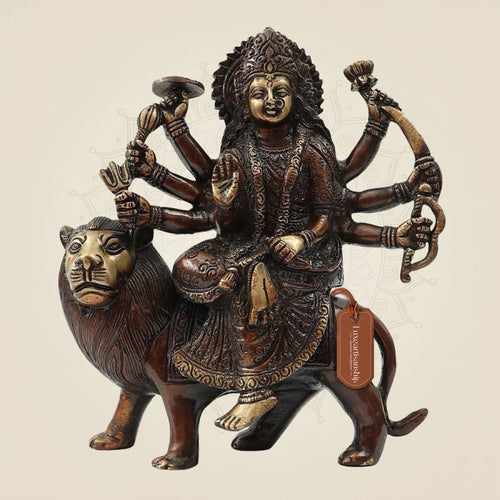 Brass Durga Maa Idol 8 "– Ambe Mata Murti Seated on Lion for Navratri, Puja & Home Temple Décor