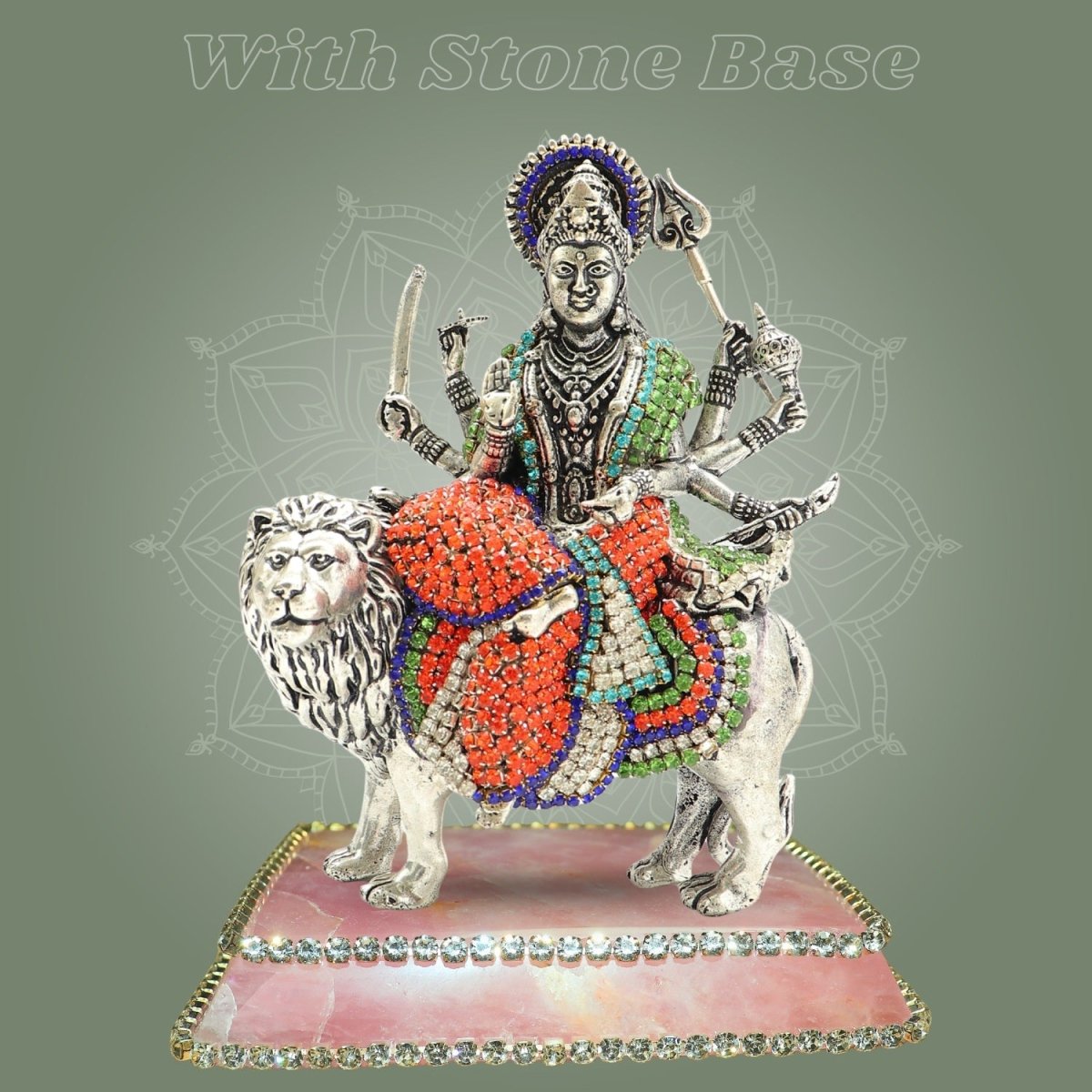 Brass Durga Maa Idol on Lion Featuring Multicolor Stone Work Detailing 6" - Luxeartisanship