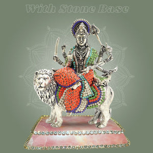 Brass Durga Maa Idol on Lion Featuring Multicolor Stone Work Detailing 6" - Luxeartisanship