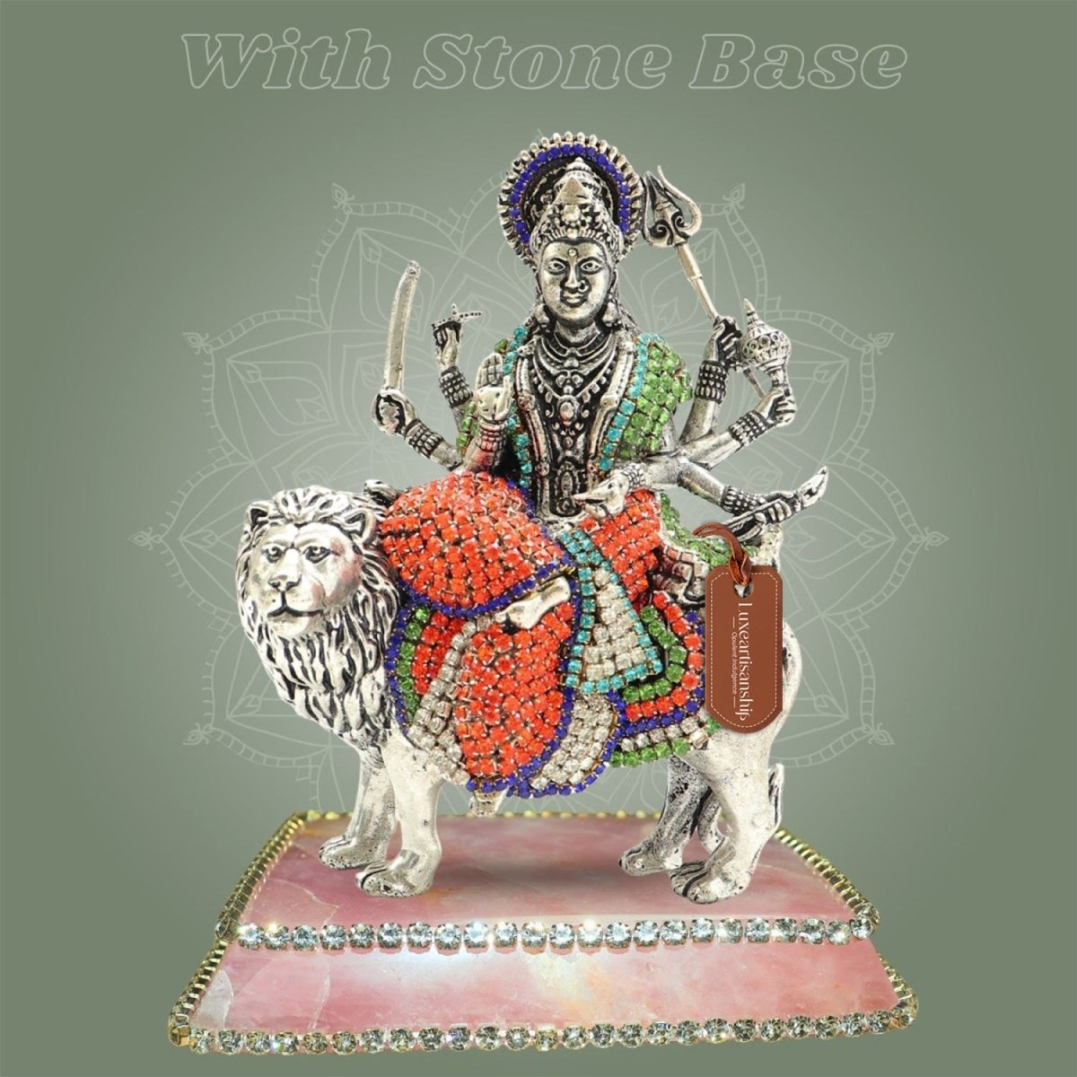 Brass Durga Maa Idol on Lion Featuring Multicolor Stone Work Detailing 6" - Luxeartisanship