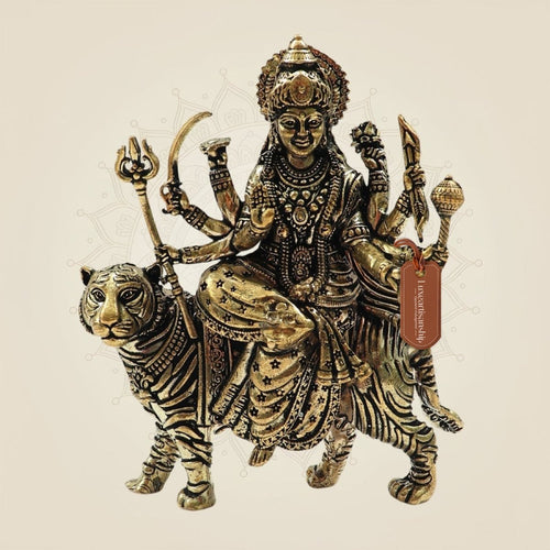 Brass Durga Maa Statue 4"- Seated on Tiger for Strength & Prosperity