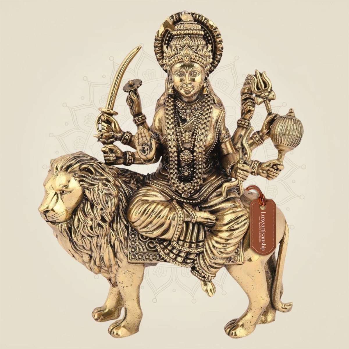 Brass Durga Idol on Lion – 6" Handcrafted Artisan for Goodness - Luxeartisanship