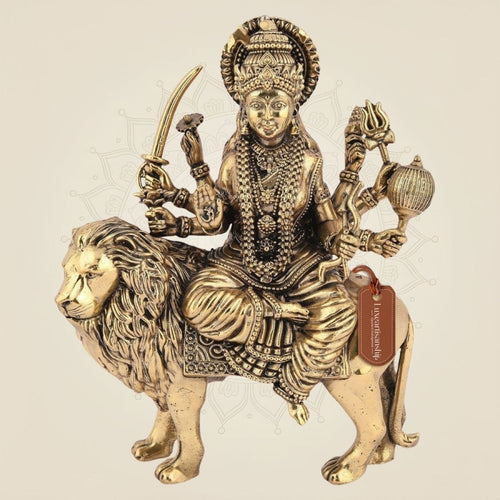 Brass Durga Mata Idol 5" - Lightweight Handcrafted Murti with Lion Base