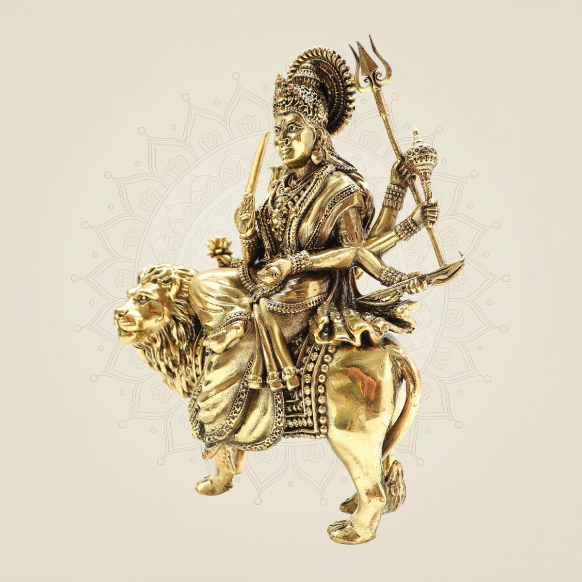 Brass Durga Mata Idol 5" - Lightweight Handcrafted Murti with Lion Base - Luxeartisanship