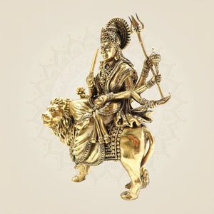 Brass Durga Mata Idol 5" - Lightweight Handcrafted Murti with Lion Base - Luxeartisanship