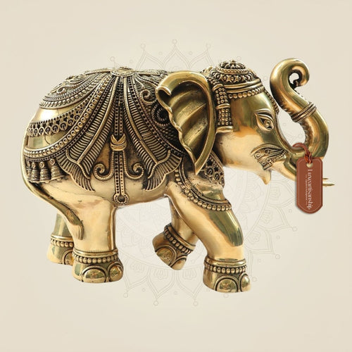 Brass Elephant Statue 8"- Big Size Handcrafted Showpiece in Superfine Finish