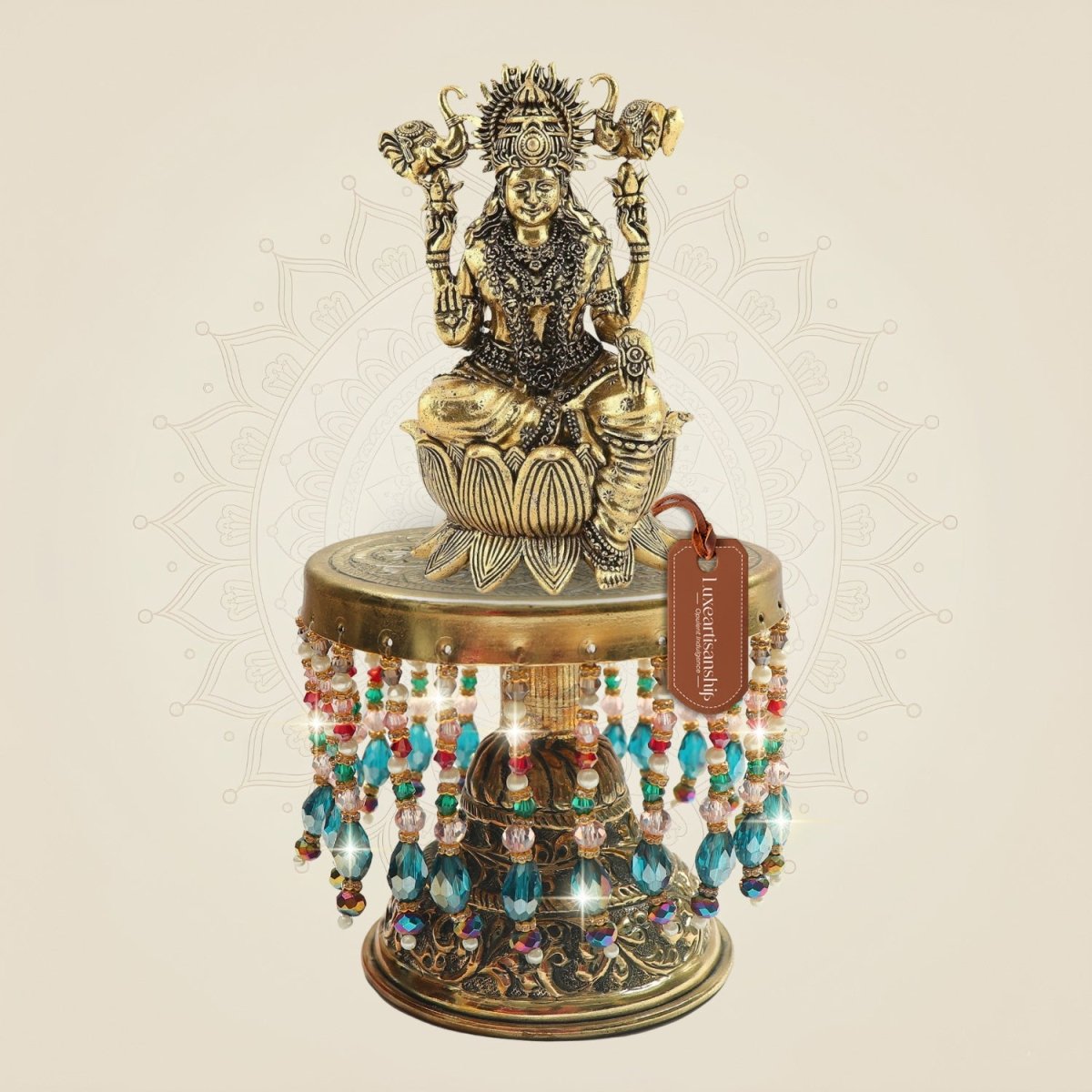 Brass Gajalakshmi on Lotus on Chowki 8.5"– Elephant Flank Composition - Luxeartisanship