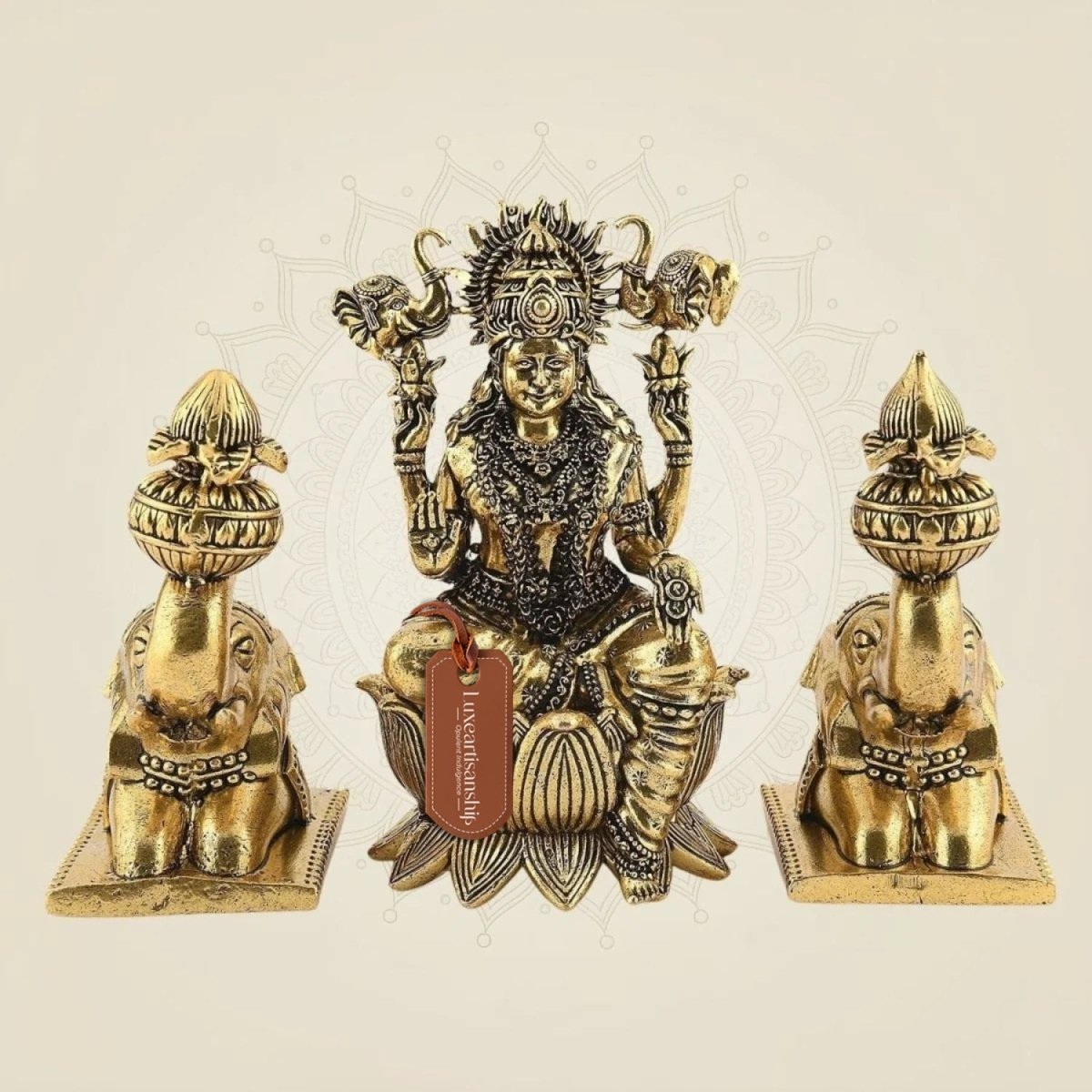 Brass Gajalakshmi with Elephants on Lotus Idol 5" Handmade Sculpture - Luxeartisanship