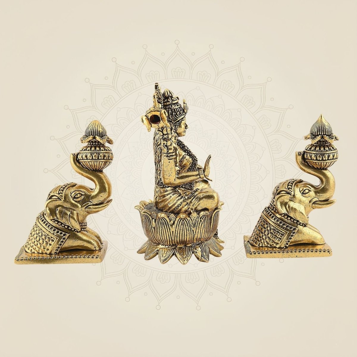 Brass Gajalakshmi with Elephants on Lotus Idol 5" Handmade Sculpture - Luxeartisanship