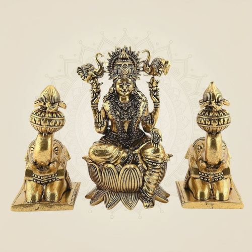 Brass Gajalakshmi with Elephants on Lotus Idol 5" Handmade Sculpture