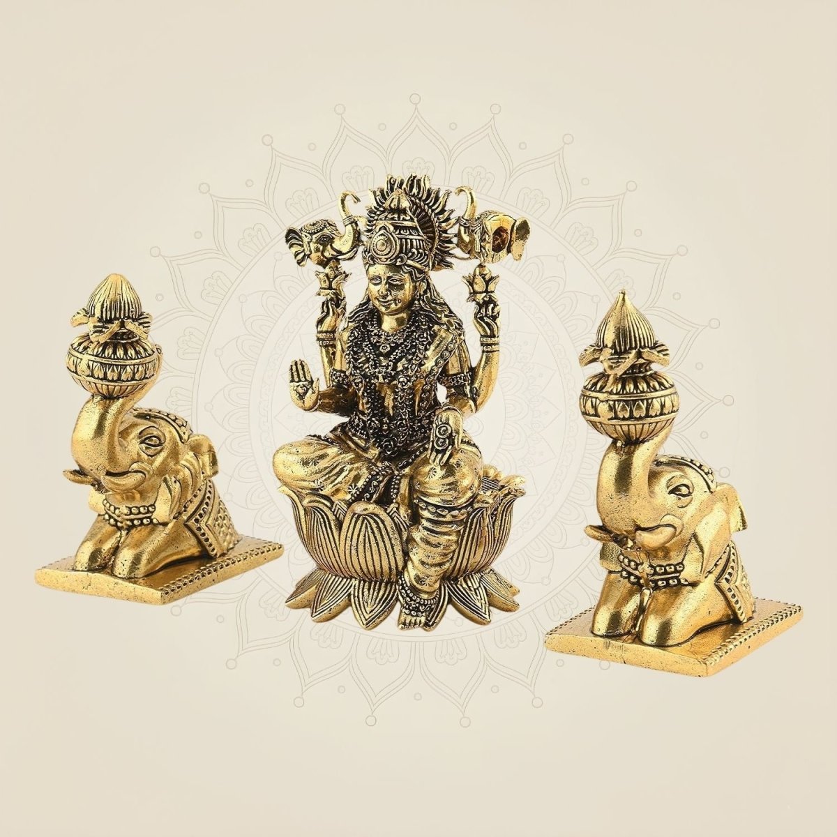 Brass Gajalakshmi with Elephants on Lotus Idol 5" Handmade Sculpture - Luxeartisanship