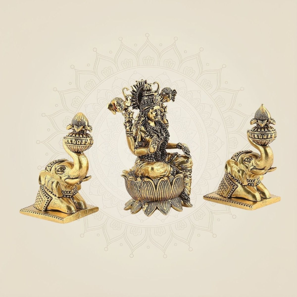Brass Gajalakshmi with Elephants on Lotus Idol 5" Handmade Sculpture - Luxeartisanship