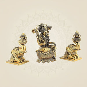 Brass Gajalakshmi with Elephants on Lotus Idol 5" Handmade Sculpture - Luxeartisanship