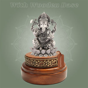 Brass Ganesh Idol in Silver - Plated Brass 4″ with Wood Base - Luxeartisanship