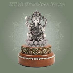 Brass Ganesh Idol in Silver - Plated Brass 4″ with Wood Base - Luxeartisanship
