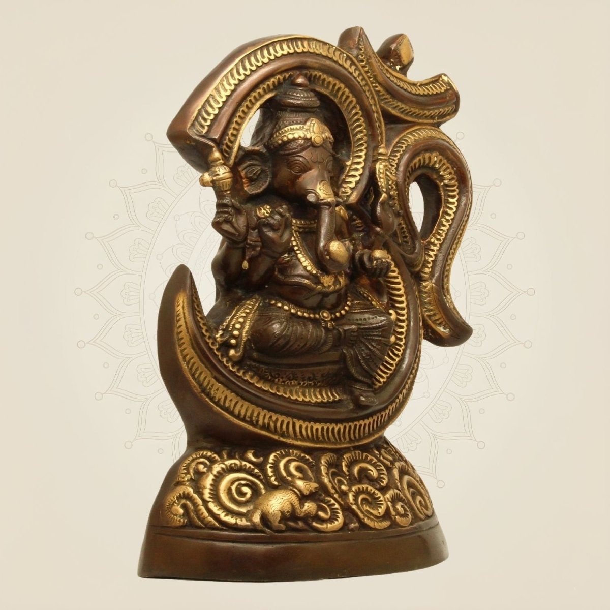 Brass Ganesh Idol Seated in Om Ring 15" Statue– Handcrafted Divine Decor - Luxeartisanship